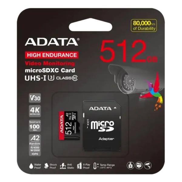 Memoria Micro Sdxc 512GB Adata High Endurance Clase 10 100 MB/S 80 MB/S Para Vigilancia…